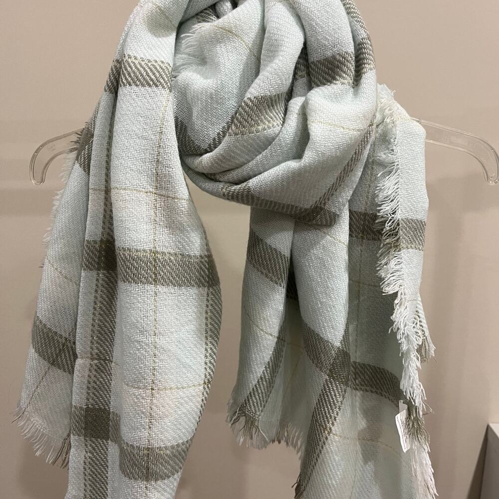 Blanket scarf, shawl, and wrap. Pastel mint, white, grey, and light pink plaid.